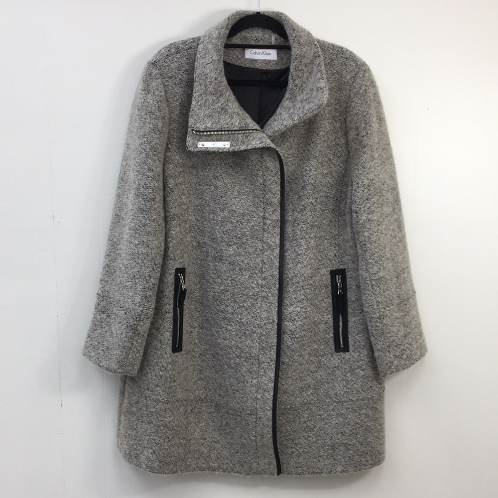 Calvin Klein Wool Blend Women's Coat With Faux leather Trim Size XL Like-NEW